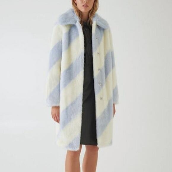 ANTHROPOLOGIE Stripe Faux Fur Coat Jacket Whimsical Gorpcore Glam Blue Ivory - Picture 13 of 15